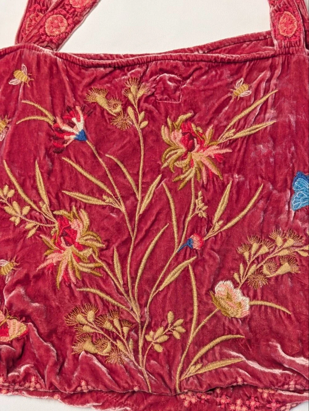 Johnny Was Aria Velvet Silk Embroidered Butterfly & Bee Floral Tote Shoulder Bag